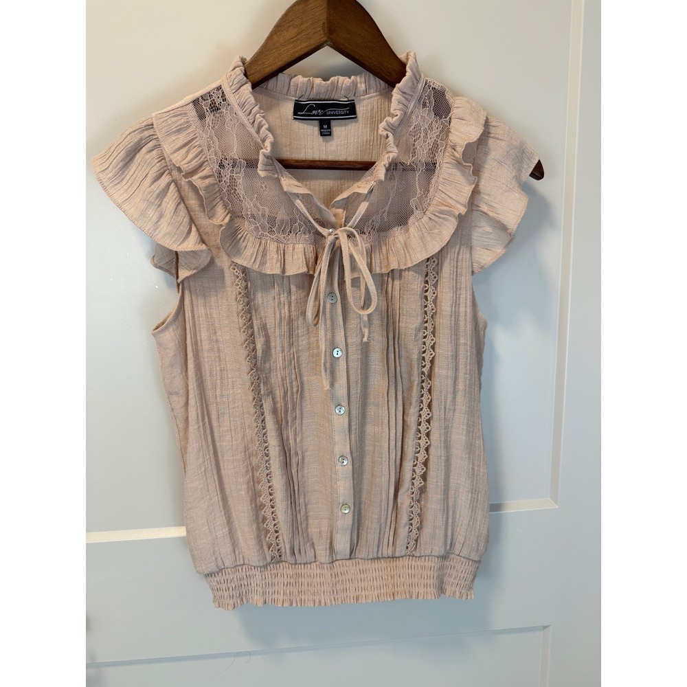 Love University Ruffle Lace‎ Boho Sheer Lace Beige Blouse Button Down Size M
